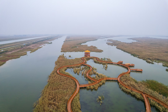 航拍黄河入海口生态旅游区