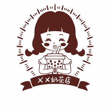 奶茶店手绘女孩logo店标