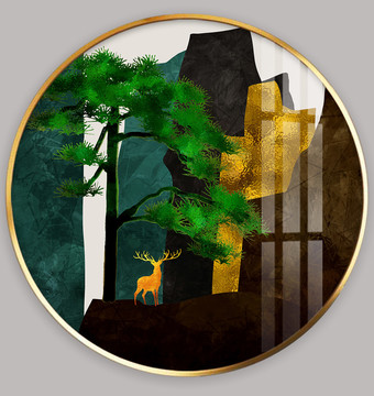輕奢箔金松鹿圖晶瓷畫(huà)