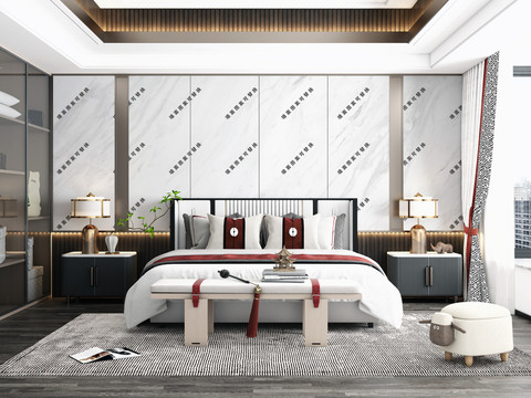新中式臥室墻布壁畫(huà)背景場(chǎng)景圖