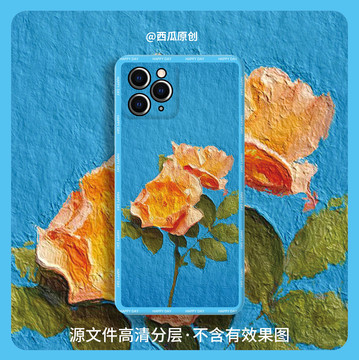 手機殼圖案原創(chuàng)油畫黃色玫瑰