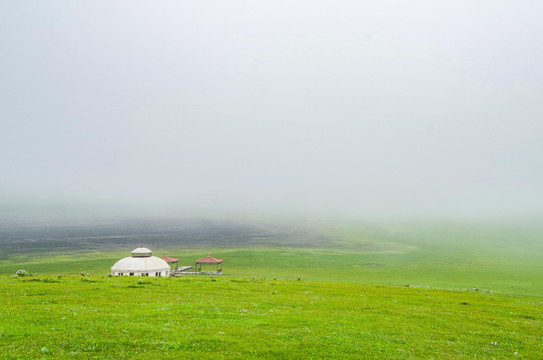 雾气中的草原蒙古包