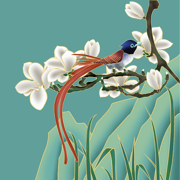 玉蘭花壽帶鳥圖