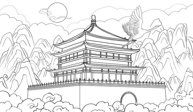 國(guó)潮西安鐘樓線描