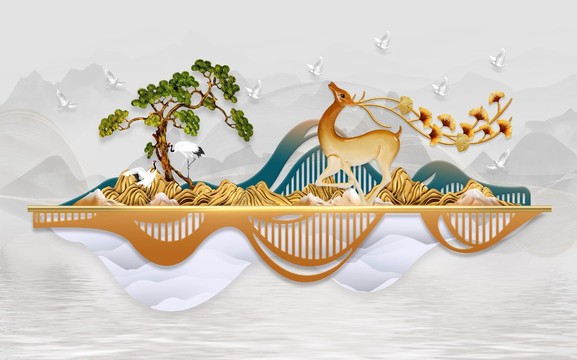 新中式麋鹿山水背景墻