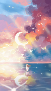 唯美治愈云海小女孩海邊插畫