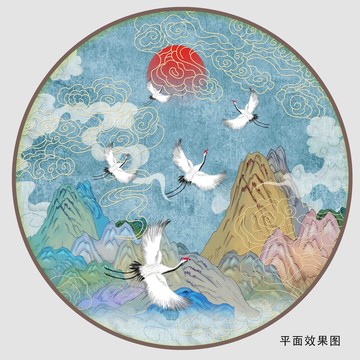 青綠山水祥云仙鶴鏡心
