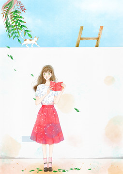 微風(fēng)午后看書少女和貓