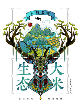 五常大米生態(tài)大米鹿頭包裝插畫