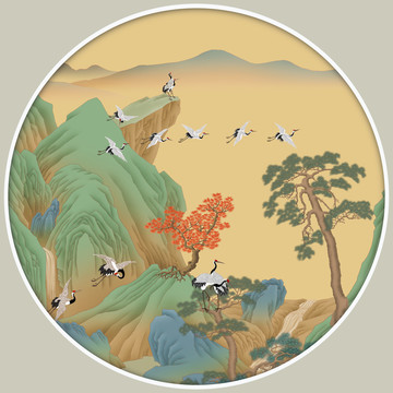 青綠山水松鶴圖圓形鏡心