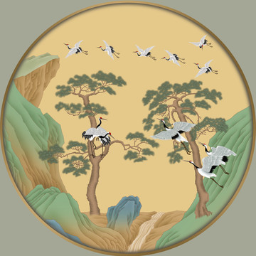 青綠山水松鶴圖圓形鏡心