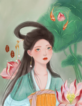古風(fēng)美人荷花錦鯉插畫包裝