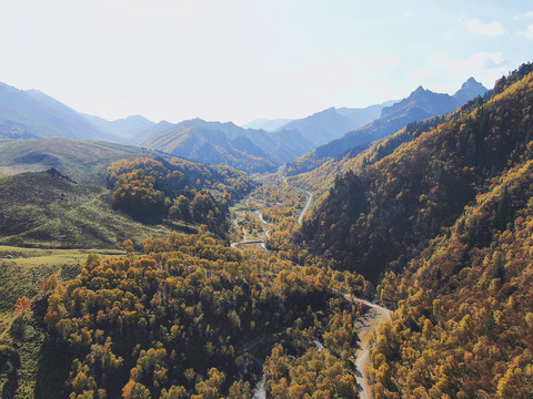 航拍扎隆沟口秋景青海东扎碾公路