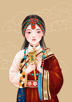 手繪藏族女孩插畫
