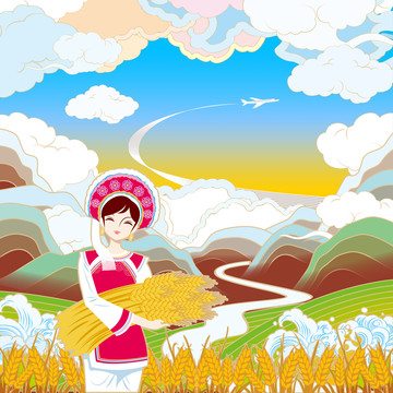 山水云農(nóng)田少數(shù)民族少女