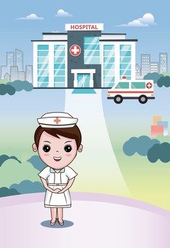 卡通醫(yī)生女護(hù)士在醫(yī)院門口