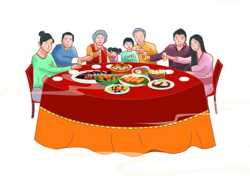 闔家團圓團圓飯手繪插畫年夜飯