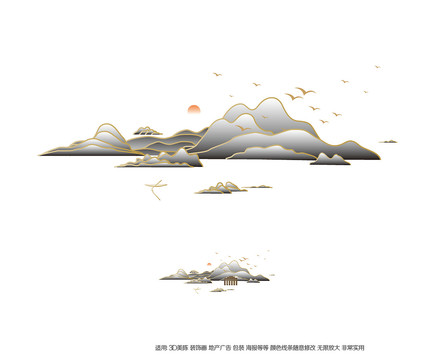 高端山水線條中式地產(chǎn)素材裝飾畫