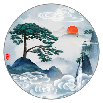迎客松水墨山水畫