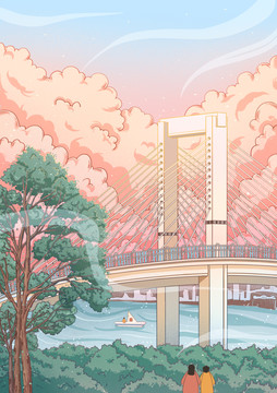 原創(chuàng)中國風(fēng)清新配色樹木風(fēng)景大橋