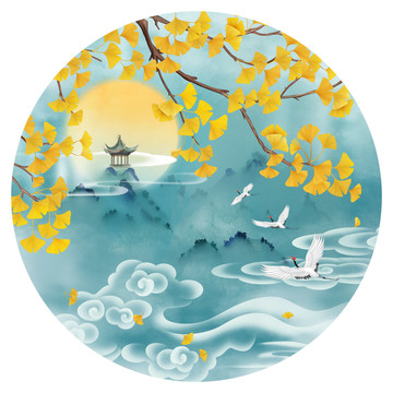 古風(fēng)銀杏山水插畫(huà)