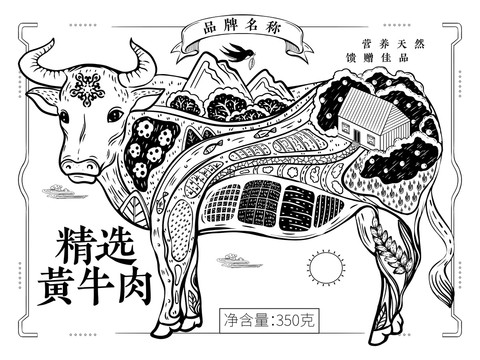 牛肉干黃牛肉原味牛肉包裝插畫