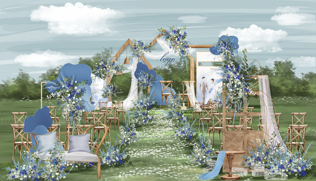 白蓝户外木质婚礼效果图