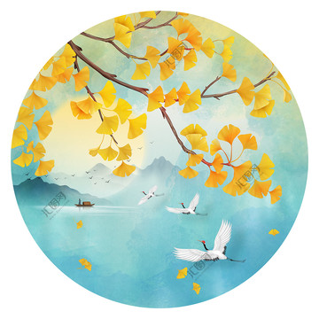 銀杏古風(fēng)山水插畫