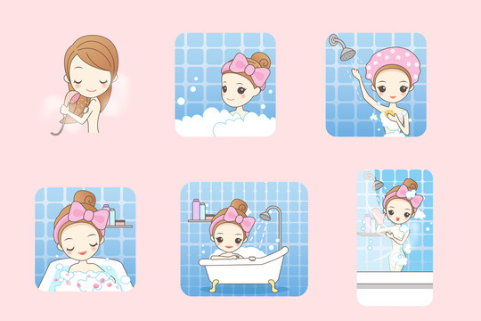 女孩享受泡澡淋浴卡通插圖