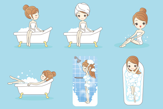 少女享受泡泡浴卡通插图