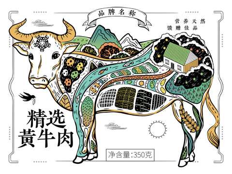 牛肉干黃牛肉原味牛肉包裝插畫