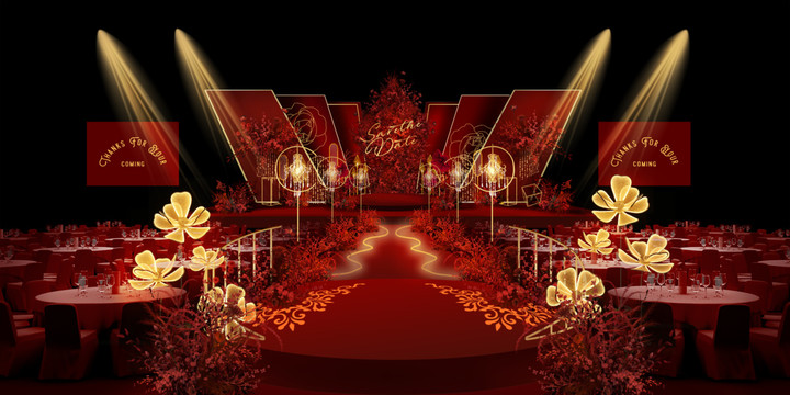 紅金色婚禮手繪效果圖