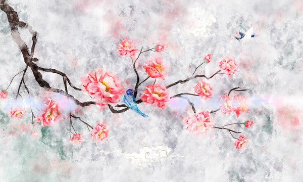 水彩牡丹花花鸟