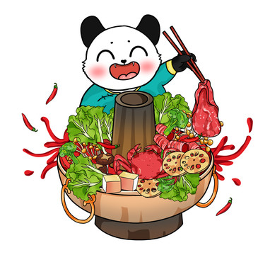 國潮熊貓火鍋插畫