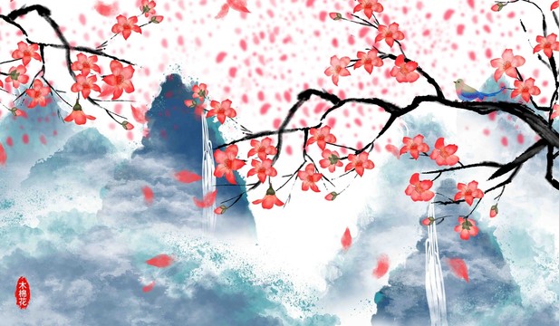 古風(fēng)木棉花山水插畫