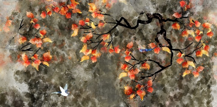 水彩紅葉花鳥