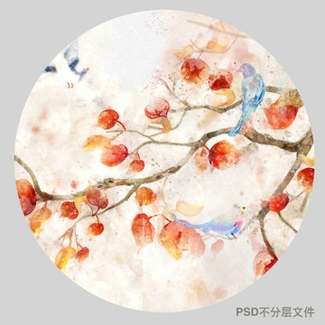 水彩圓形紅葉壁畫