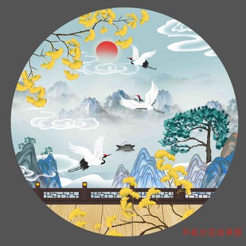 古風(fēng)迎客松山水插畫(huà)