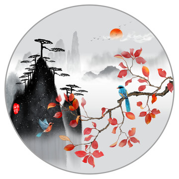 水墨紅葉手繪畫