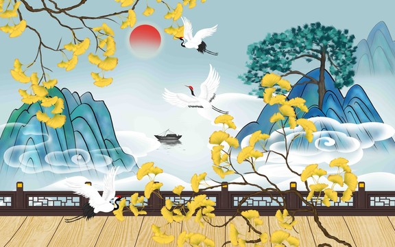 新中式迎客松古風(fēng)山水