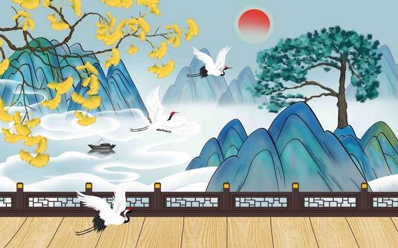 古風(fēng)迎客松銀杏葉背景墻