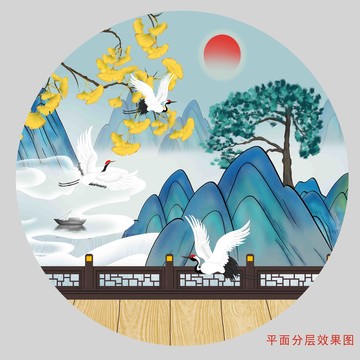 仙鶴迎客松插畫