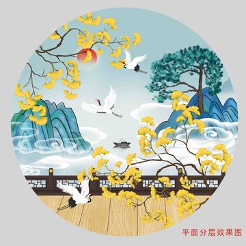 國潮銀杏花鳥壁畫