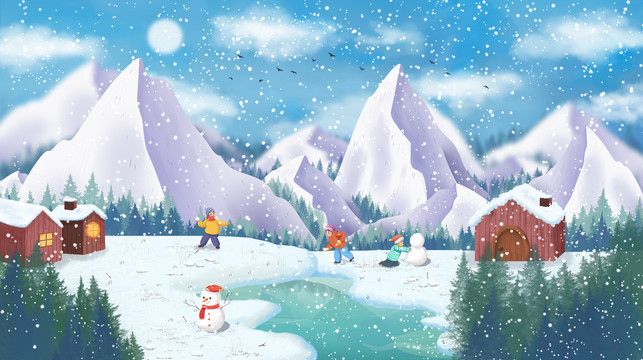 唯美冬天遠景雪天建筑雪山