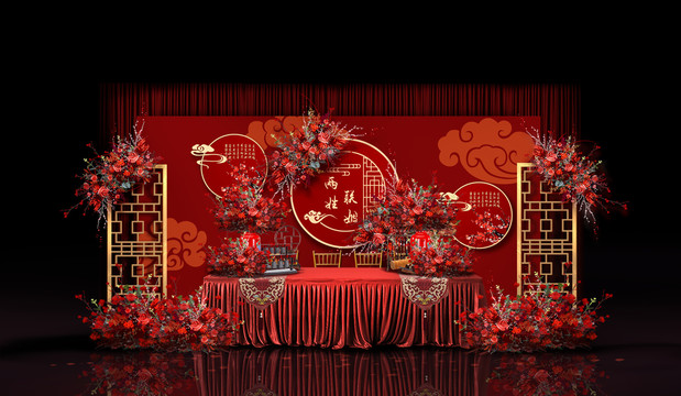 紅色中式婚禮手繪效果圖