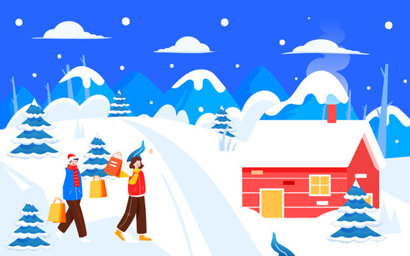 冬至人物户外活动冬天下雪插画