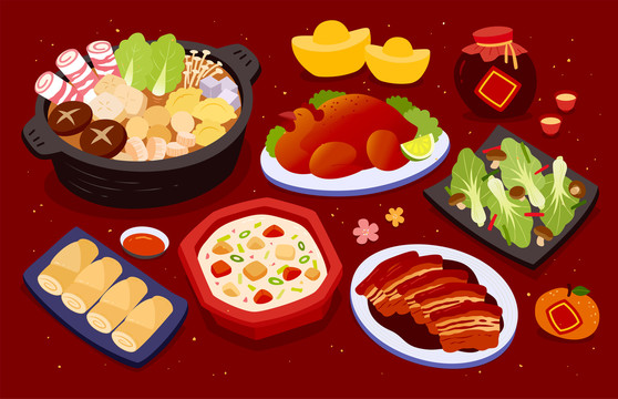 有各種肉類菜肴的新年團圓飯