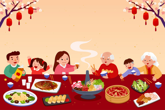 在长桌上吃团圆饭的亚洲家庭