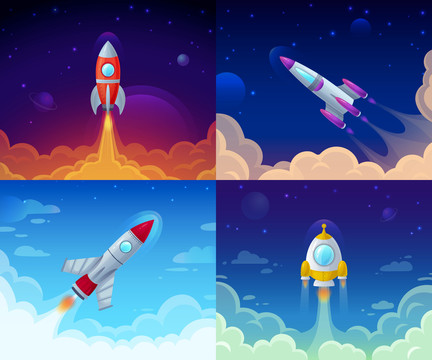 四个火箭升空方格创意设计插图