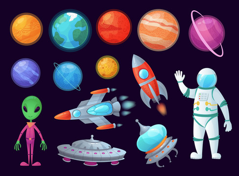 星球外星人宇航員火箭創(chuàng)意設計插圖